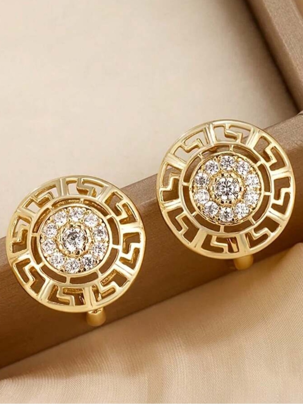Gold Crystal Round Cutout Stud Earrings - Women Jewelry